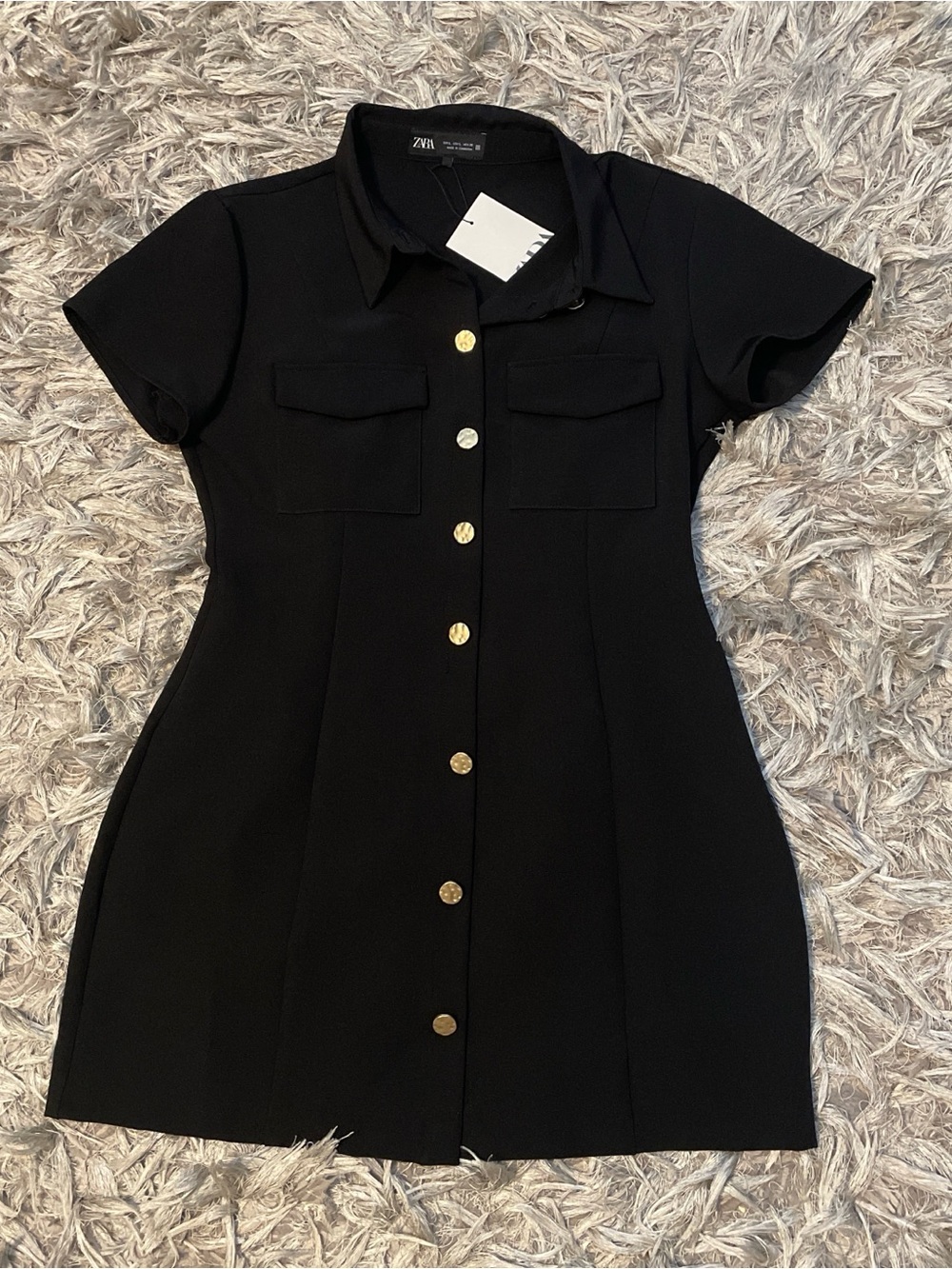 Zara Black Short Sleeve Mini Dress with Gold Buttons